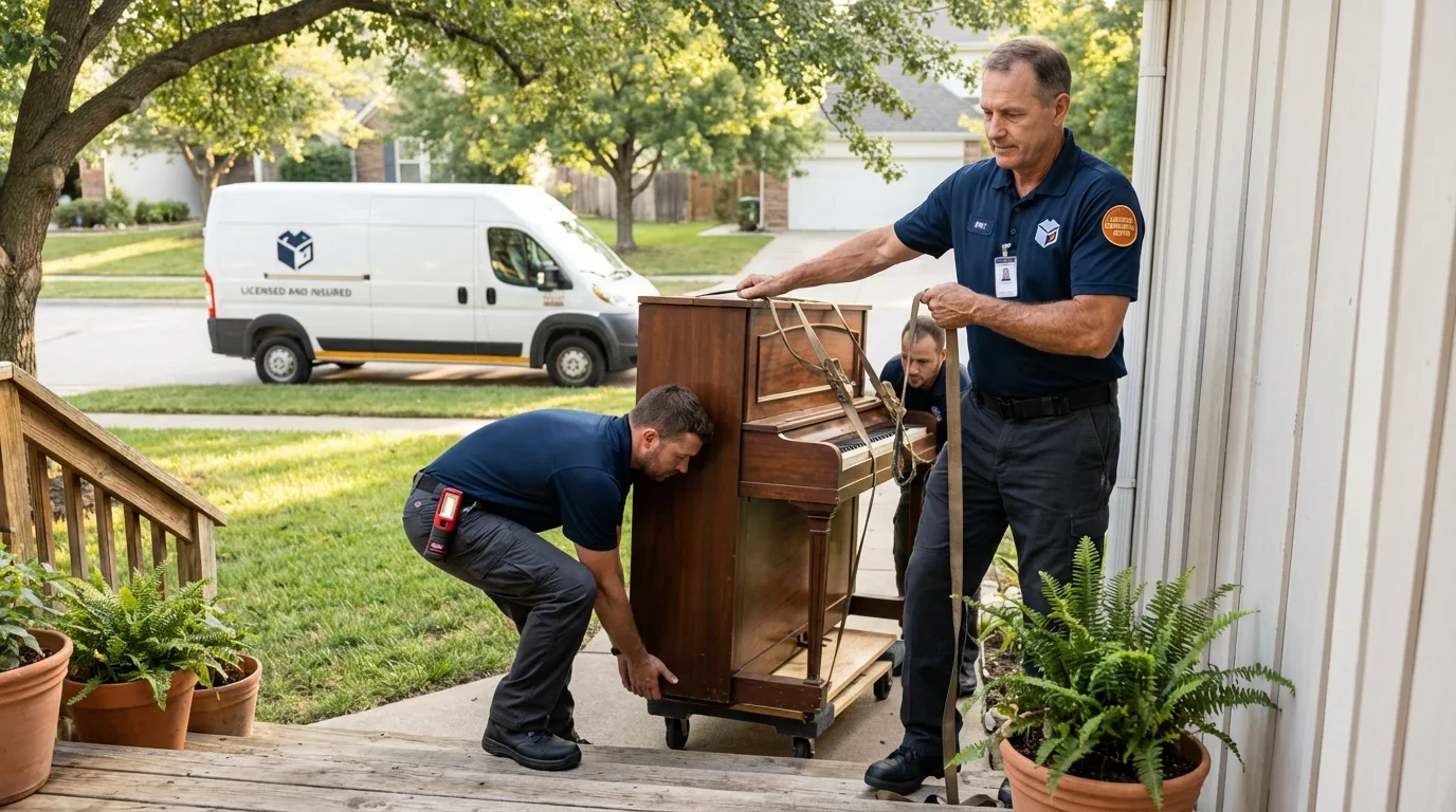 Licensed piano movers securing grand piano in Parsippany, NJ