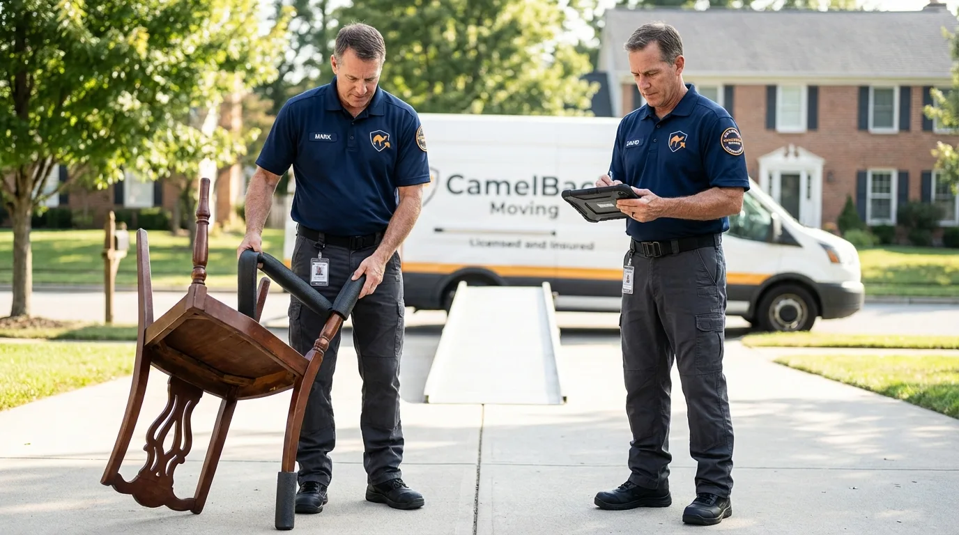 Movers inspecting furniture for damage prevention before loading in Parsippany, NJ