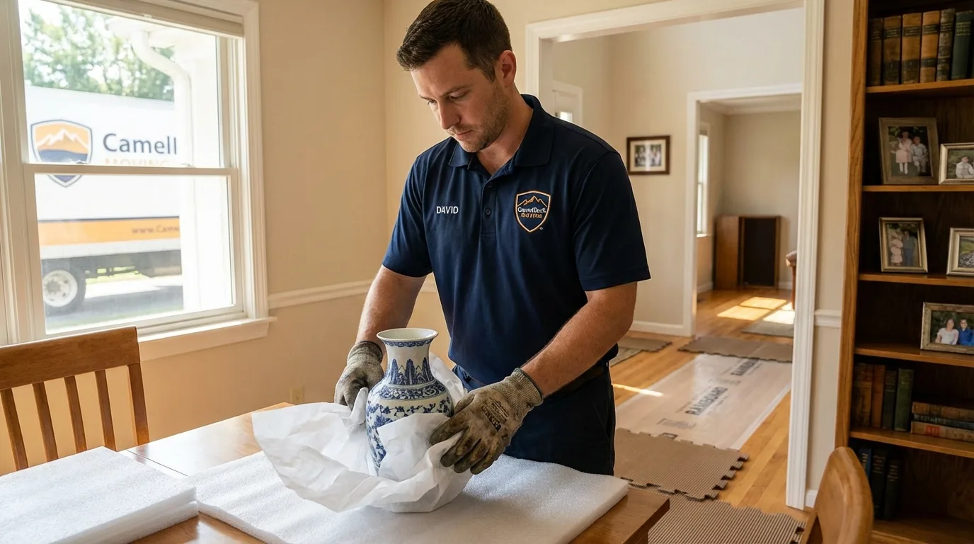 Professional crew carefully wrapping antique vase for senior downsizing move in Parsippany, NJ